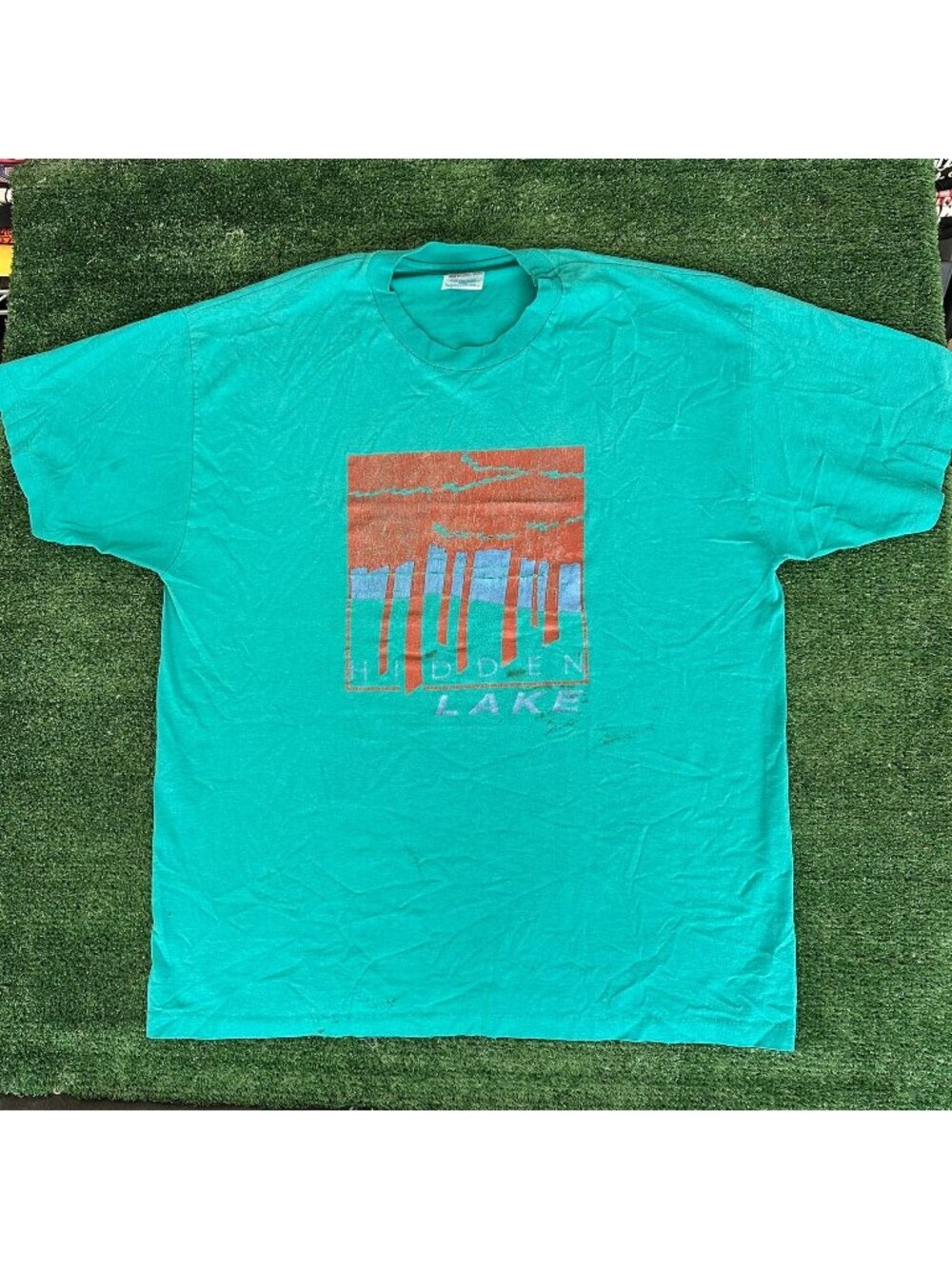 Vintage 90s Hidden Lake Landscape T-Shirt Gorpcore Single Stitch Turquoise XL